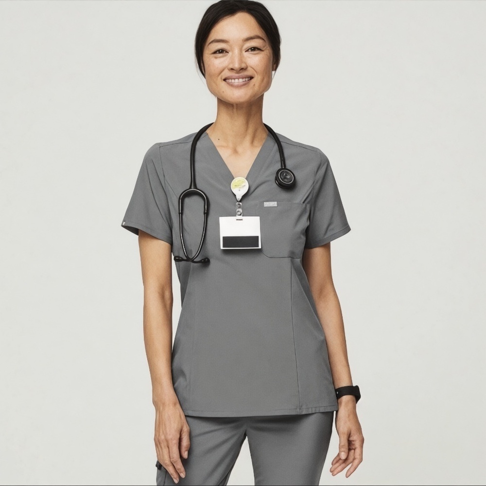 FIGS Catarina Slim Scrub Top (JUST TOP) in Dark Gray Size L